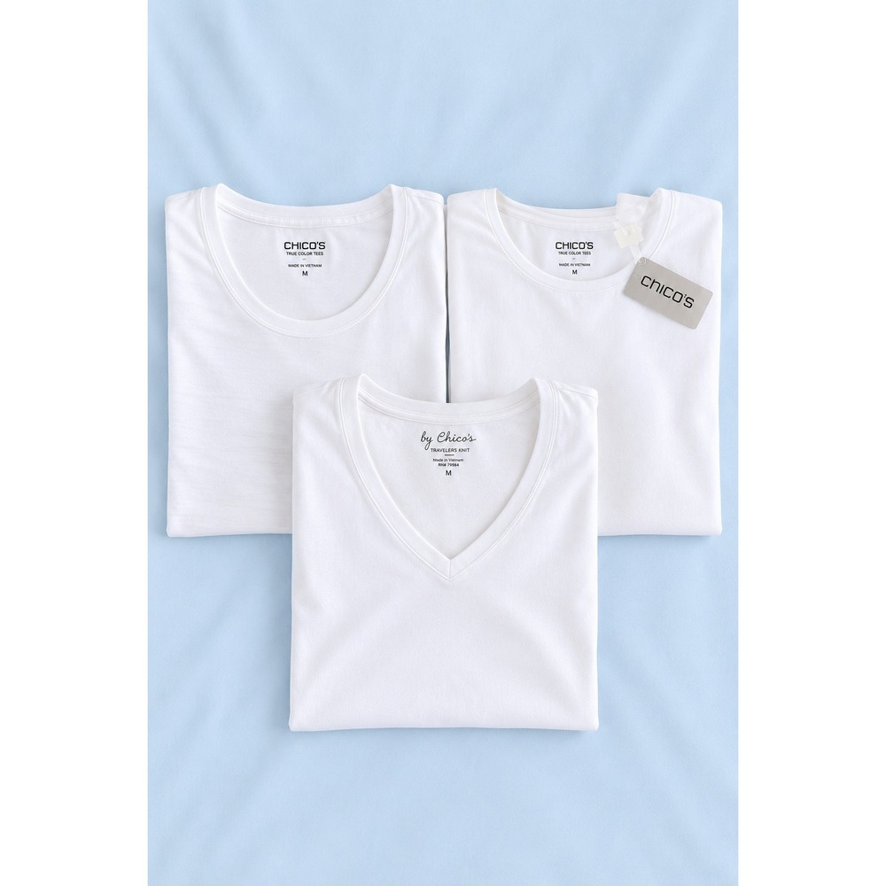Chicos Set of 3 White Pima Cotton True Color T-Shirts SZ 3 XL V-Neck Scoop NWOT